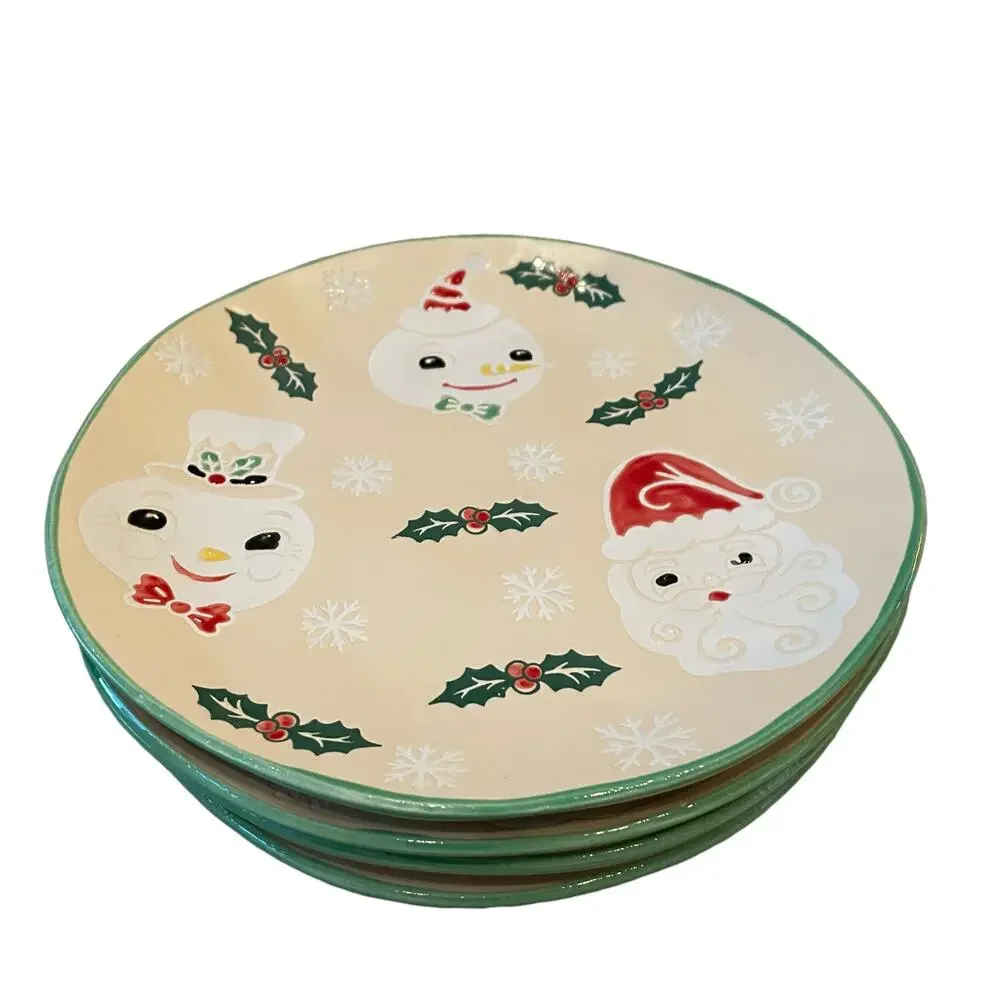 ELI + ANA Snowman Vintage Vives Salad Plate 8in Set of 4 Christmas Ceramics